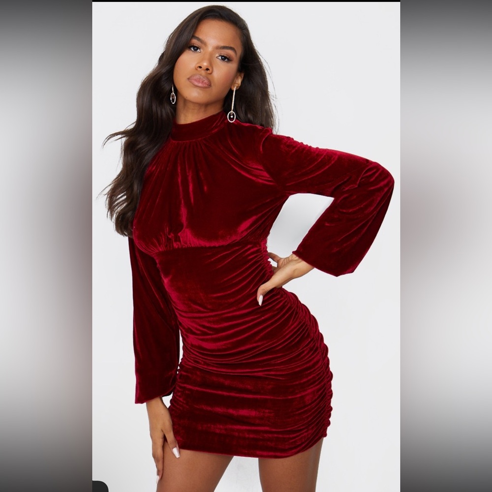 Burgundy Velvet High Neck Ruched Balloon Sleeve Bodycon Dress